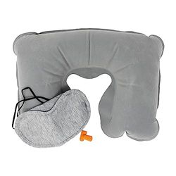 Navig8 Opblaasbaar reiskussen, oogmasker en oordopjes, 3-delige reisbenodigdheden, ultralicht, ergonomisch reiskussen, ideaal voor vliegtuig, auto en trein reizen, Meerkleurig, Eén maat, Reizen