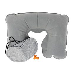 Navig8 Opblaasbaar reiskussen, oogmasker en oordopjes, 3-delige reisbenodigdheden, ultralicht, ergonomisch reiskussen, ideaal voor vliegtuig, auto en treinreizen, Meerkleurig, Eén maat, Reizen