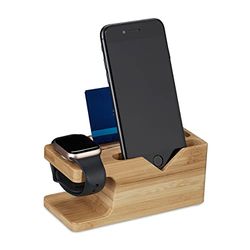 Relaxdays Charging Station, Tablet & Smartphone, H x W x D: 6 x 14 x 6.5, Bamboo, Natural Estación de Carga, para Apple Watch y iPhone, Bambú, 6 x 14 x 6,5 cm, Soporte para Teléfono y Reloj