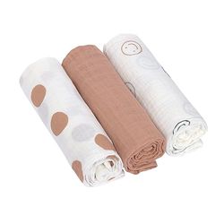 LÄSSIG Baby inbakerdeken, spuugdeken, inbakerdoek, gaasdoek, 3-delige set, katoen, 85 x 85 cm, swaddle & burp deken, L Tiny Smile esdoorn