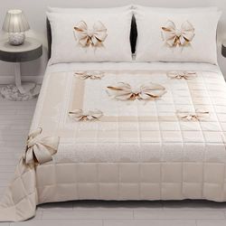 PETTI Artigiani Italiani - Sprei voor Frans bed, 220 x 260 cm, 100 g/m², dubbelzijdig, voor Frans bed, licht dekbed, beige strik, 100% Made in Italy