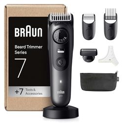 Braun Beard Trimmer Series 7, +7 Barbering Tools, Lifetime Sharp ProBlade, Up to 120 Min Runtime, 40 Lengths, Waterproof, PrecisionWheel & Lock, BT7525, Grey
