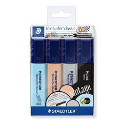 Staedtler Textsurfer Classic, Surligneurs de haute qualité aux couleurs vintage, Pointe ogive de 1 à 4 mm, Étui plastique avec 4 surligneurs vintage assortis, 364 CWP4, coleurs assorties
