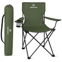 Green Haven Sedia da campeggio pieghevole, sedia da picnic leggera con poliestere 600D e antistrappo, con telaio in acciaio resistente, sedia da esterno con portabicchieri, comoda sedia da campeggio