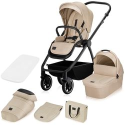 LIONELO Meril 2in1 Kinderwagen - Buggy, 0-48 mnd (tot 22kg) – XXL jaarronde Reiswieg met Draagfunctie, 360° All‑terrain Wielen met Vering, Omkeerbare Wandelwagen, Compact Inklapbaar (Beige)
