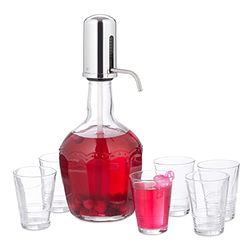 Relaxdays Set med vattendispenser, dryckesdispenser med manuell pump, 6 dricksglas, cocktaildispenser 2,4 l, glas, transparent, 10037662