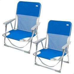 AKTIVE Zestaw 2 składane krzesła plażowe, niebieskie, tekstylne i aluminiowe, stałe oparcie, 44x40x72 cm, z uchwytem na ramię i stoperami zapobiegającymi przewróceniu, maks. 100 kg, lekkie i