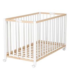 roba Baumann Cuna plegable roba 'Fold Up', cuna de 60x120 cm, cuna de haya natural/blanca, cuna ajustable a 3 alturas, ahorra espacio e incluye ruedas con frenos.