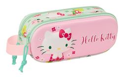 Safta Hello Kitty 3D - Double 3D Pencil Case, Children's Pencil Case, Ideal for School Age Children, Comfortable and Versatile, Quality and Resistance, 21 x 6 x 8 cm, Pink/Green, Pink/green, Estándar,