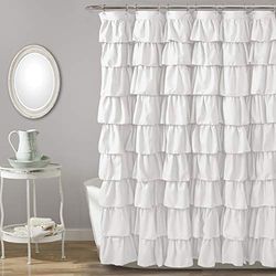 Lush Decor Ruffle Shower Curtain | Floral Textured Vintage Chic Farmhouse Style Design, White, 72" x 72"