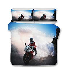 CATCH GOLD OVERSEAS 3D Vehicle Series Bedding Set Motorcycle Print Bedding Cartoon Cover Sets 3PCS/4PCS for Kids (ingen Comforter ingår) (06,Queen-4PCS)