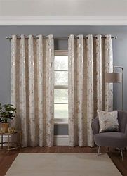 Osaka Japanese Eyelet Curtains 66 x 54 Natural Lined Metallic Velvet Trees