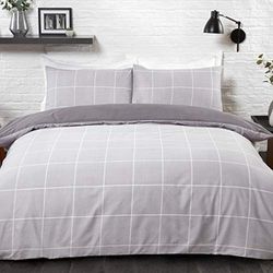 Sleepdown 5056242745464 Housse de Couette et taies d'oreiller à Carreaux Gris Super King Size, Mélange de Coton