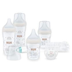 NUK Perfect Match Perfect Start babyflessenset, vanaf 0 maanden, past zich aan de baby aan, 4 anti-colic-babyflessen, fopspeen, flessenborstel en meer, BPA-vrij, 7 stuks