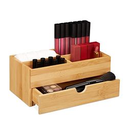 Relaxdays Organizador de maquillaje, Multi-usos, Cuatro compartimentos & cajón, Bambú, Marrón