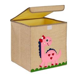 Relaxdays opbergmand kinderkamer, dino, stof, kinderen, opvouwbaar, HBD: 33 x 33 x 33 cm, speelgoedmand, beige/roze