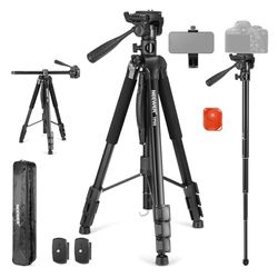 NEEWER 74" Video Statief Monopod met 3-weg Pan Tilt Hoofd & Handvat, Heavy Duty Metalen Camera Statief Stand met Telefoon Houder & Action Cam Adapter Compatibel met GoPro DJI iPhone, Max Belasting 18