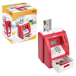 Idena 50061 - digitale spaarpot, geldautomaat met geluid in rood, pinbeschermde creditcard, muntenteller en vele functies, ca. 21,8 x 16 x 14,5 cm