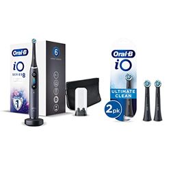 Oral-B iO 8 Cepillo de Dientes Eléctrico Negro con Mango Recargable, Tecnología Magnética iO, 1 Cabezal de Recambio, Pantalla a Color, Estuche de Viaje + 2 Cabezales Negros Ultimate Clean