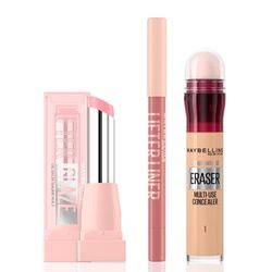 Mrs Hinch's Approved Maybelline Make-Up Must-Haves Bundle; Eraser Eye Concealer Shade Light, Lifter Glaze Lip Oil Balm Shade Pink Drip, Lifter Liner Lip Liner with Hyaluronic Acid Shade Line Leader
