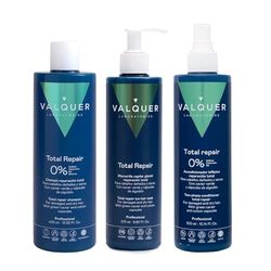 Valquer Professional Pack Total Repair Hair: Shampooing Zéro% 400 ml + Masque Effet Glace 300 ml + Revitalisant Biphasique 300 ml. Cheveux abîmés 1300 g (3 unités)
