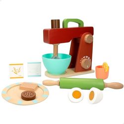 WOOMAX, 47600 Houten mixer, speelgoed, 11 accessoires, huishoudelijk apparaat, kneedmachine, keukenaccessoires, educatief speelgoed, speelgoed voor kinderen van 2 jaar, cadeaus voor kinderen