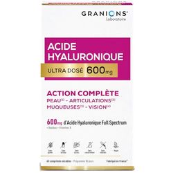 Acide Hyaluronique Ultra dosé 600 mg GRANIONS - Biotine - Hydratation intense peau - Niacinamide - Complexe Vitamine B - Anti-ride - Stimule production collagene - Vegan - Fabriqué en France