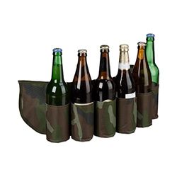 Relaxdays Cinturón de Cervezas, para Seis latas o Botellas, 0,2-0,5 L, Sujeta Bebidas, Camuflaje, Ajustable, Verde y marrón, PE, 16,5 x 61 x 0,5 cm