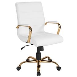 Flash Furniture Managersstoel, metaal leer schuim chroom, wit leerzacht/goudkleurig frame, middenrug