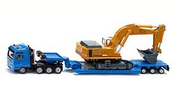 siku 1847 Transportador de carga pesada com escavadora, semi-reboque removível, 1:87, metal / plástico, azul/amarelo