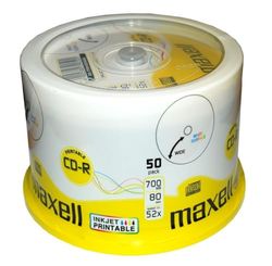 Maxell CD-R 52x White Full Face Inkjet Printable Surface - 50 Discs in Spindle Pack