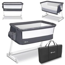 LIONELO Theo 2 in 1 Co-Sleeper en Reisbedje voor Baby tot 9 kg | In Hoogte Verstelbaar | Opklapbare Zijkant met Ademende Mesh | Comfortabel Matras | Inclusief Organizer, Muskietennet en Transporttas