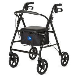 Medline Aluminum Rollator Walker with Seat, Folding Mobility Rolling Walker has 8 inch Wheels, Black