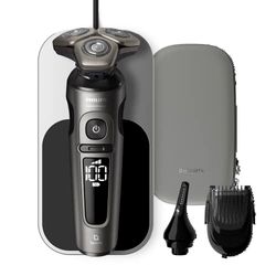 Philips Rasoio elettrico Serie 9000 Prestige, secco e umido, cromo brillante, rasatura Lift & Cut, tecnologia SkinIQ, base di ricarica Qi, regolabarba, rifinitore per il naso (modello SP9871/22)