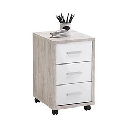 FMD Möbel Cassettiera con rotelle, truciolato, Rovere Sabbia/Bianco Lucido, ca. 35 x 53,6 x 42 cm