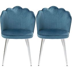Kare Lot de 2 chaises Design Princess - Bleu - Rembourrées - Aspect Velours - Pieds en Acier - Dossier en Forme de Coquillage - Hauteur d'assise : 47 cm - 82 x 55 x 57 cm (H x l x P)
