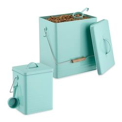 Relaxdays Boîte de Conservation, Lot de 2, 2 Tailles, avec Couvercle & cuillère, Fer, récipient croquettes, Turquoise