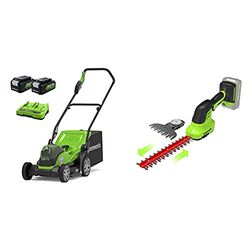 Greenworks Tondeuse Largeur de Coupe 36 cm avec récupérateur d'herbe 40L et réglage centralisé de la Hauteur de Coupe jusqu'à 250 m² + Batterie + Chargeur Double Fente + Cisaille-Brosse