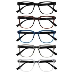 OPULIZE LEO Occhiali da lettura - Pacco da 5 - Montatura rettangolare grande - Nero, Marrone, Blu, Grigio, Chiaro - Uomini Donne - RRRRR55-1237C - +1.50