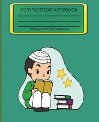 Muslim, Boy, Reading, Green Themed Composition Notebook Wide: 120 Pages/Wide Ruled/7.5" X 9.25"