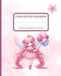Composition Notebook Wide Ruled: Charming Pink Fairy and Pink Flower | Perfect for Students, Journaling, and Writing