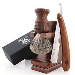 Haryali London Shaving Kit - 3 Pc Wooden Shaving Kit – Professional Cut Throat Razor Kit - Cut Throat Razor - Badger Shaving Brush - Shaving Stand from Wood - Sustainable Gift Set