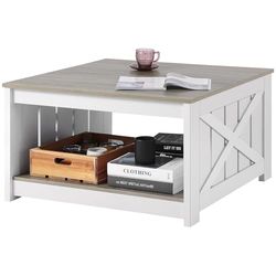VEVOR 31.5" Farmhouse Coffee Table, Square Coffee Table with Open Storage Compartment, Wooden Rustic Cocktail Table for Living Room, Bedroom, Apartment, Studio, Gray & White