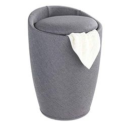 WENKO Sgabello portabiancheria Candy grigio effetto lino - Wohnhocker, Badhocker, Wäschesammler mit abnehmbarem Wäschesack, ABS, 36 x 50.5 x 36 cm, Grigio