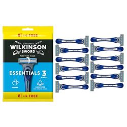 Wilkinson Sword Extra 3 Essentials – Maquinilla de Afeitar Desechable de 3 hojas con Banda Lubricante de Aloe Vera y Cabezal de Afeitado Giratorio Para Conseguir un Afeitado Preciso – Pack 8 + 4