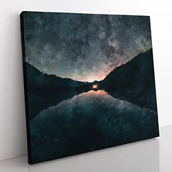 Milky Way Above a Lake in Italy Painting Modern Canvas Wall Art Print Ready to Hang, Framed Picture for Living Room Bedroom Home Office Décor, 50x50 cm (20x20 Inch)