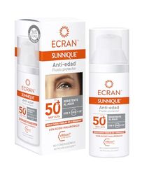 Ecran Sunnique - Fluido Facial Solar Anti-edad FPS 50+, con Ácido Hialurónico, Protección Muy Alta UVB + UVA e IR-A, Anti Arrugas y Anti Manchas, Fórmula con VitEox 80, Para Cara y Escote - 50 ml