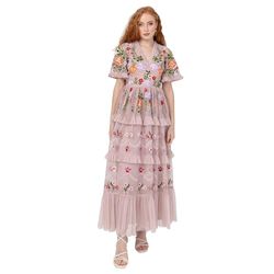 Maya Deluxe kvinnor midi klänning V-hals kortärmad blommig broderad ruffle spets tyll djur A-linje för bröllop gäst bal gammalrosa 44, Rodnande rosa, 44