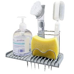Gosmol Porta spugna per lavello da cucina accessori gadget, portaspazzole per sapone per lavello da cucina, portasapone scolapiatti per bagno su piano di lavoro essenziale Grigio