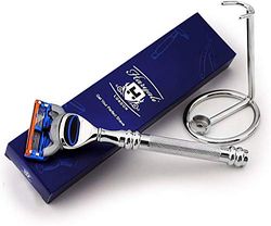 Juego de afeitadora de 5 cuchillas de acero inoxidable compatible con cartucho de afeitado y soporte de acero inoxidable – Selección de lujo de afeitado – Regalo para él